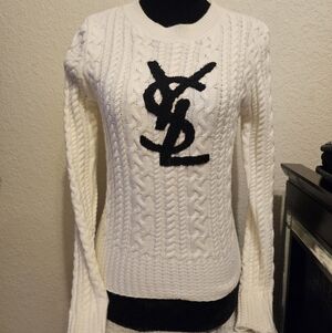 Yves Saint Laurent White Cable Knit Sweater with Black Emblem